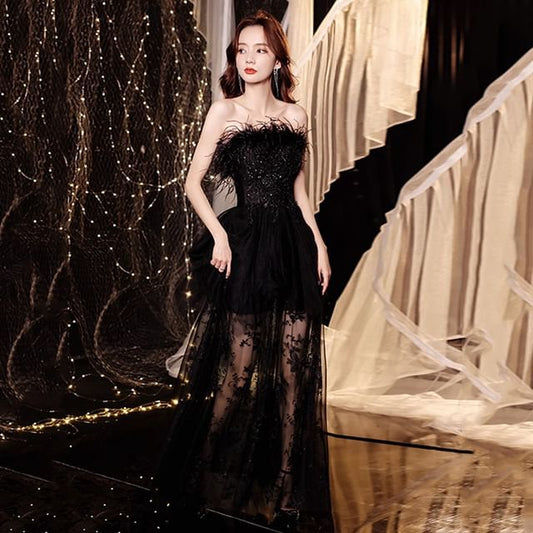 Sequin A-Line Lace Panel Strapless Gown Evening