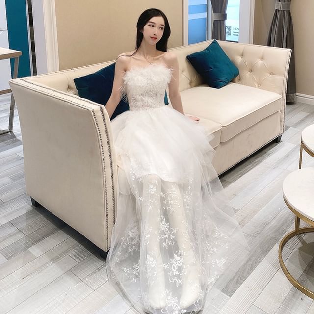 Sequin A-Line Lace Panel Strapless Gown Evening