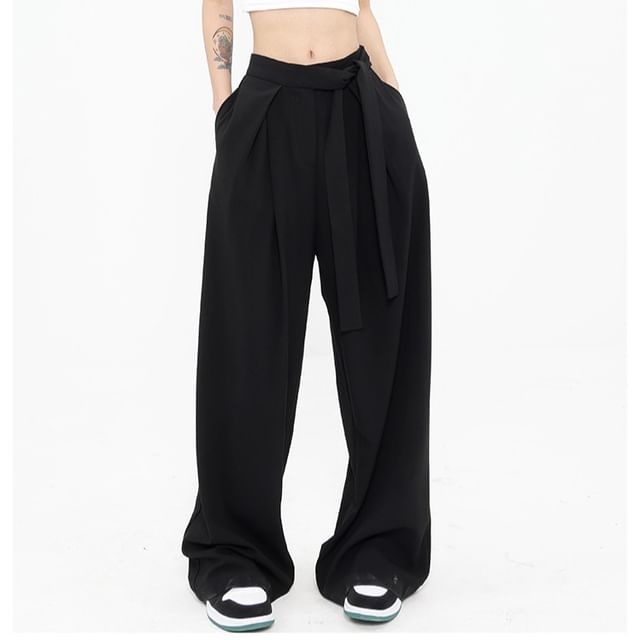 Low Rise Tie-Rise Plain Loose-Fit Wide-Leg Pants