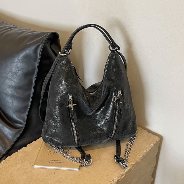 Leather Strap Plain Chain Backpack Zipped Faux