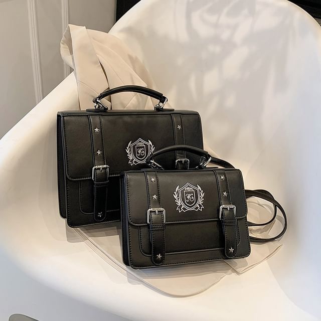 Embroidered Studded Faux Leather Satchel Backpack