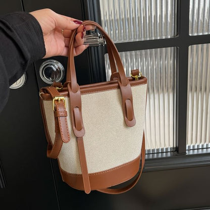 Bucket Leather Faux Tone Canvas Bag Two Panel