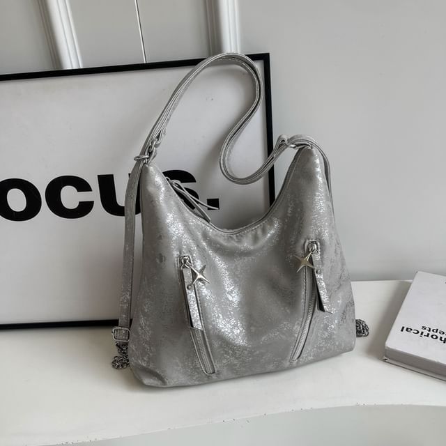 Leather Strap Plain Chain Backpack Zipped Faux