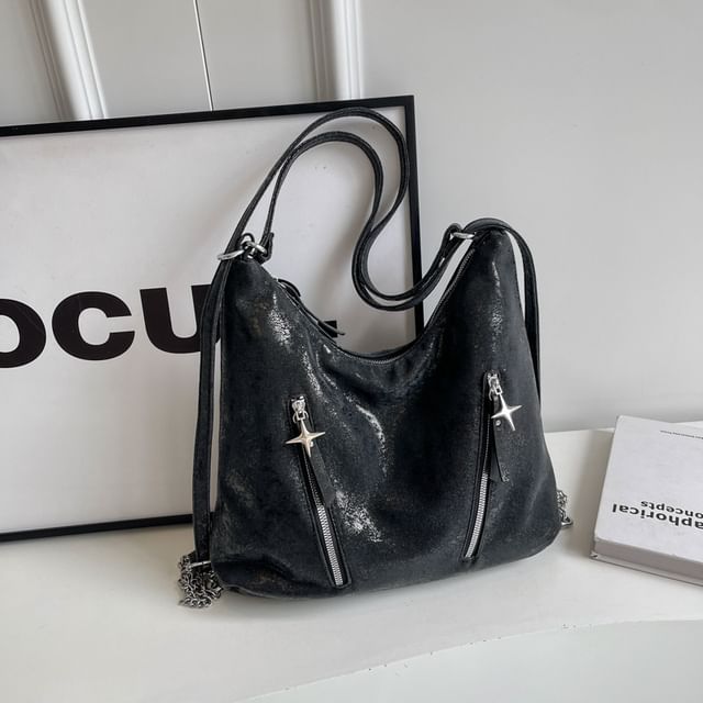 Leather Strap Plain Chain Backpack Zipped Faux