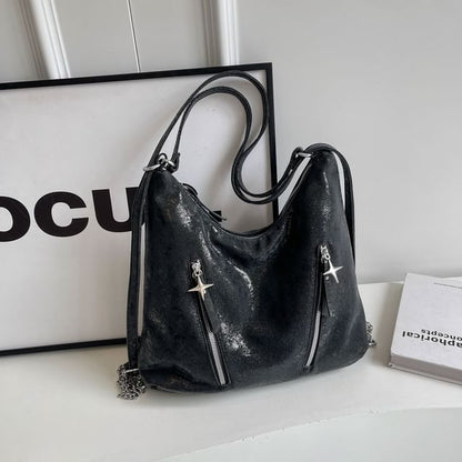 Leather Strap Plain Chain Backpack Zipped Faux