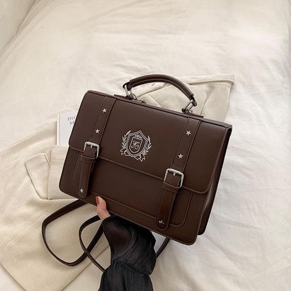 Embroidered Studded Faux Leather Satchel Backpack