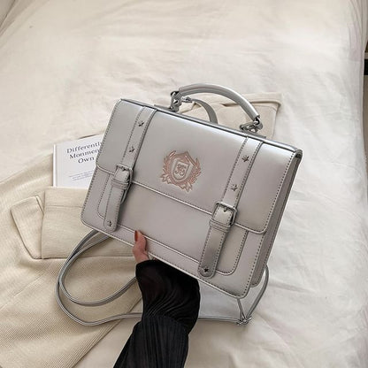 Embroidered Studded Faux Leather Satchel Backpack