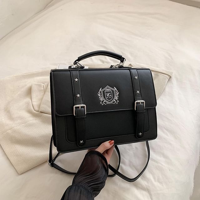 Embroidered Studded Faux Leather Satchel Backpack