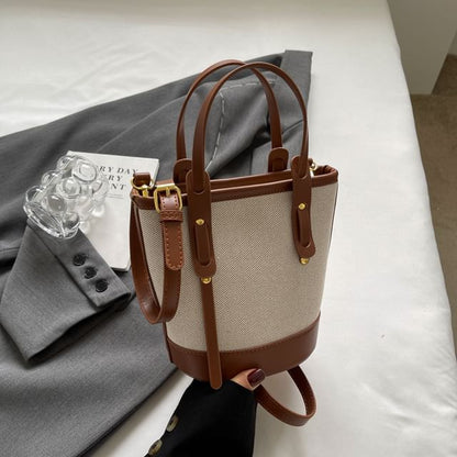 Bucket Leather Faux Tone Canvas Bag Two Panel