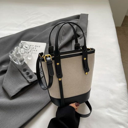 Bucket Leather Faux Tone Canvas Bag Two Panel