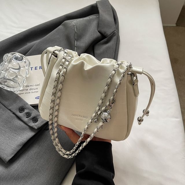 Drawstring Faux Strap Bag Chain Crossbody Leather