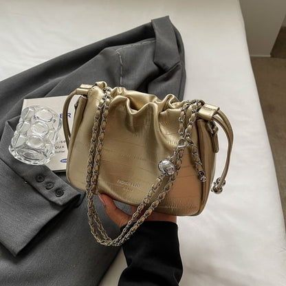Drawstring Faux Strap Bag Chain Crossbody Leather