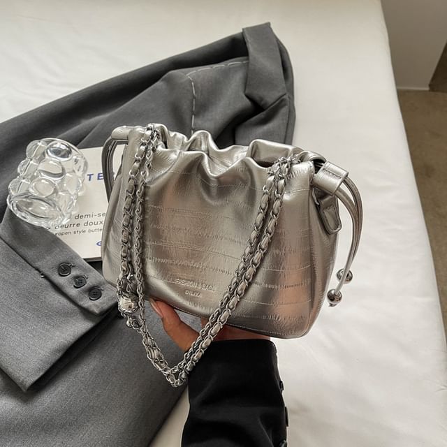 Drawstring Faux Strap Bag Chain Crossbody Leather