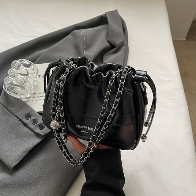 Drawstring Faux Strap Bag Chain Crossbody Leather
