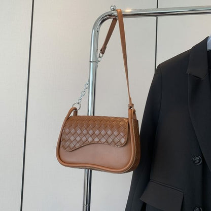 Woven Crossbody Faux Flap Bag Plain Leather