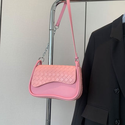 Woven Crossbody Faux Flap Bag Plain Leather