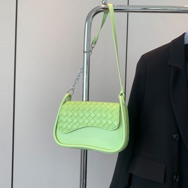 Woven Crossbody Faux Flap Bag Plain Leather