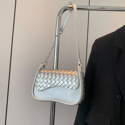 Woven Crossbody Faux Flap Bag Plain Leather