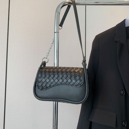 Woven Crossbody Faux Flap Bag Plain Leather