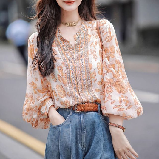 Balloon Sleeve Band Collar Floral Print Blouse