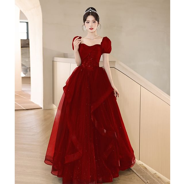 Puff Sleeve Square Neck Plain Sequin Ruffle Mesh A-Line Evening Gown