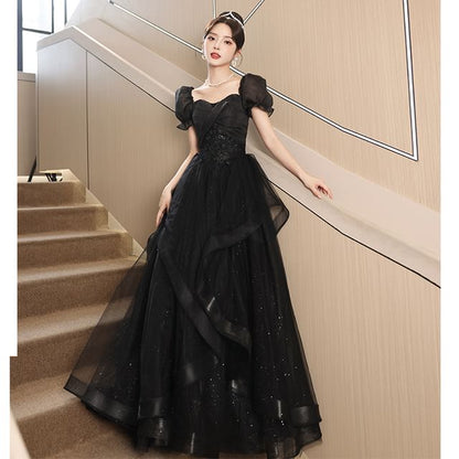 Puff Sleeve Square Neck Plain Sequin Ruffle Mesh A-Line Evening Gown