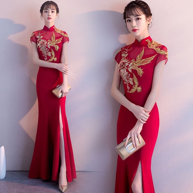 Evening Chinese Cap-Sleeve Traditional Gown Embroidered Mermaid