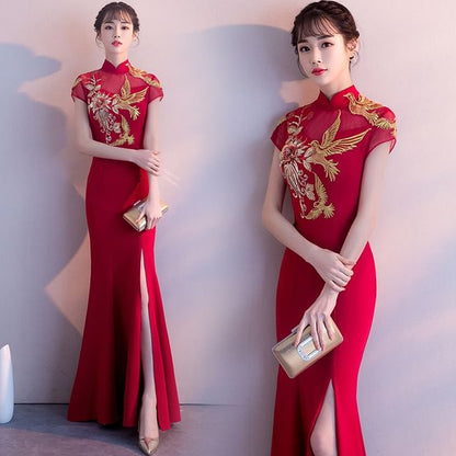 Evening Chinese Cap-Sleeve Traditional Gown Embroidered Mermaid