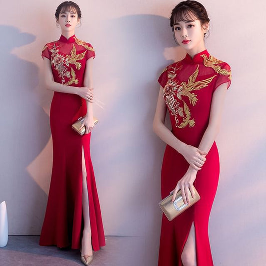 Evening Chinese Cap-Sleeve Traditional Gown Embroidered Mermaid