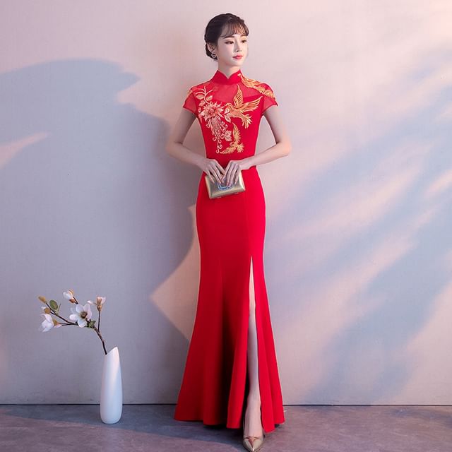 Evening Chinese Cap-Sleeve Traditional Gown Embroidered Mermaid