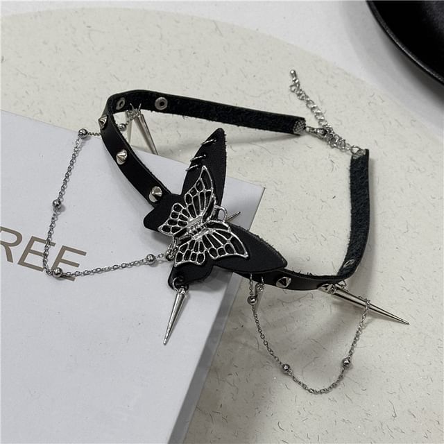 Butterfly Studded Alloy Choker / Studded Faux Leather Choker