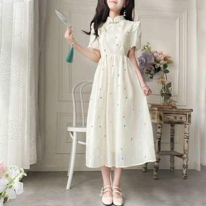Puff-Sleeve Mock Neck Flower Embroidered Ruffle Midi A-Line Dress