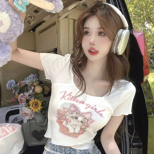 Short-Sleeve Square Neck Cartoon Lettering Print Tee