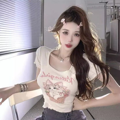 Short-Sleeve Square Neck Cartoon Lettering Print Tee