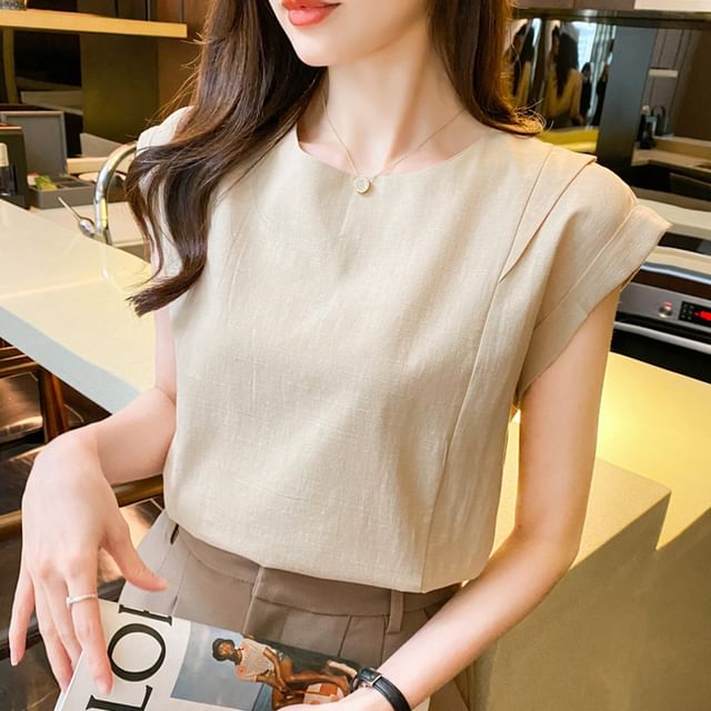 Sleeveless Linen Crew Neck Plain Top Egirldoll