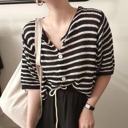 Short-Sleeve Striped Button-Up Cardigan