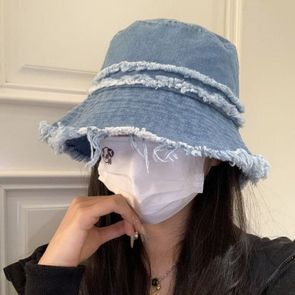 Hat Bucket Distressed Fringed Denim