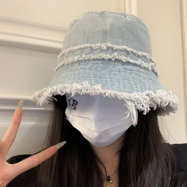 Hat Bucket Distressed Fringed Denim