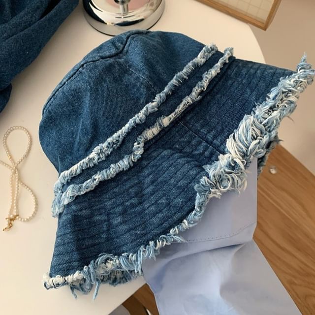 Hat Bucket Distressed Fringed Denim