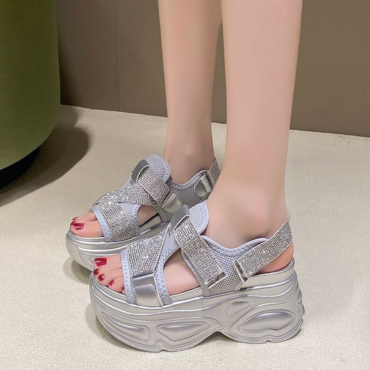 Platform Adhesive Strap Rhinestone Mesh Slingback Sandals