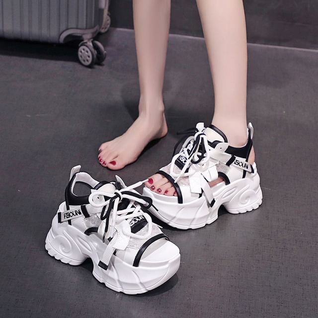 Platform Sequin Mesh Panel Lace-Up Faux Leather Slingback Sandals