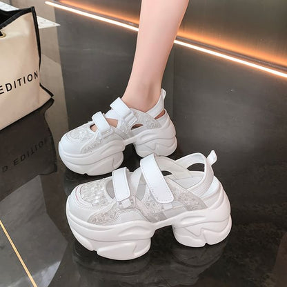 Platform Adhesive Strap Sequin Mesh Sneaker Sandals