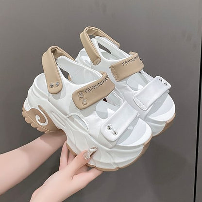 Platform Adhesive Strap Two Tone Studded Slingback Sandals