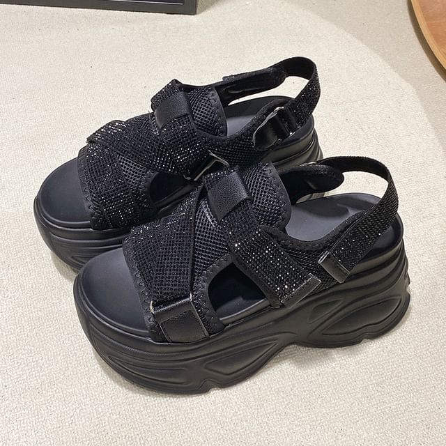 Platform Adhesive Strap Rhinestone Mesh Slingback Sandals