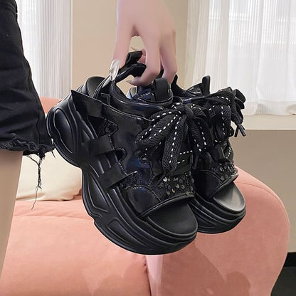 Platform Sequin Lace-Up Slingback Sandals