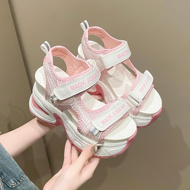 Wedge Heel Adhesive Strap Lettering Print Mesh Slingback Sandals