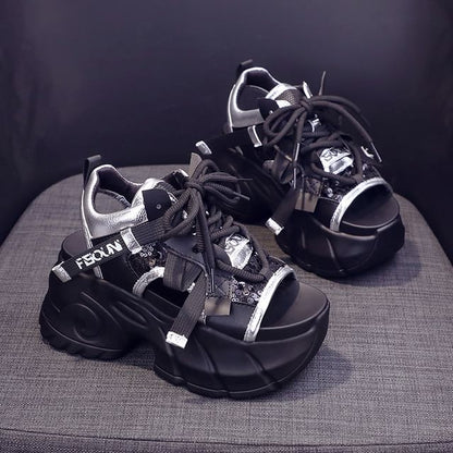 Platform Sequin Mesh Panel Lace-Up Faux Leather Slingback Sandals