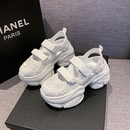 Platform Adhesive Strap Sequin Mesh Sneaker Sandals