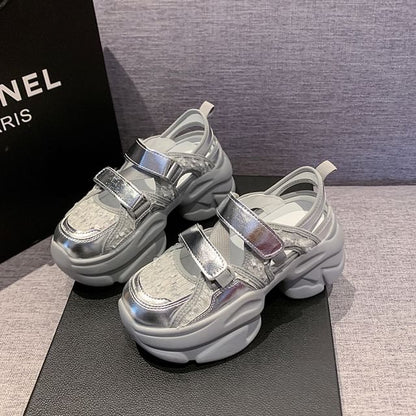 Platform Adhesive Strap Sequin Mesh Sneaker Sandals