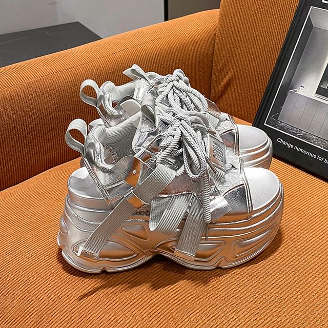 Platform Sequin Lace-Up Slingback Sandals